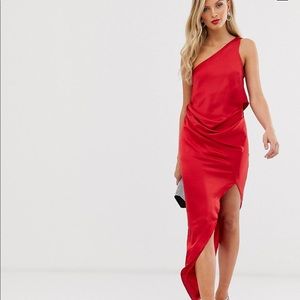 Asos Design Satin One Shoulder drape midi dress in red